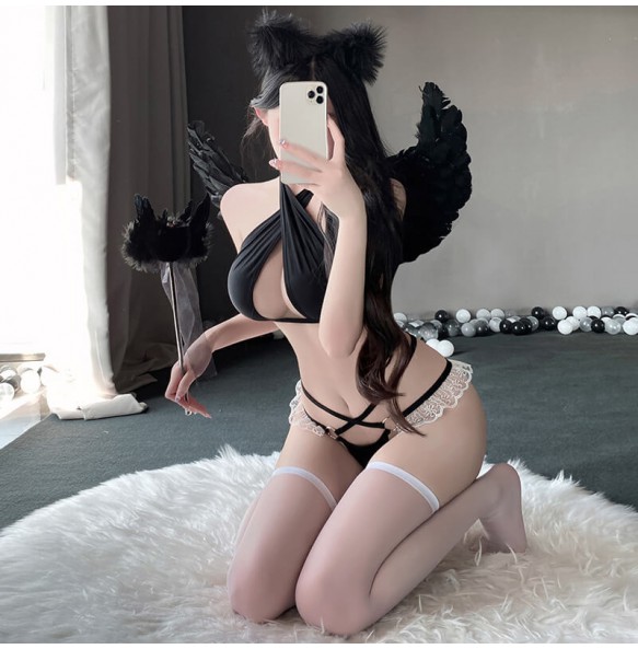 FEE ET MOI - Sexy Cross-Strap Bikini With Stockings (Black)